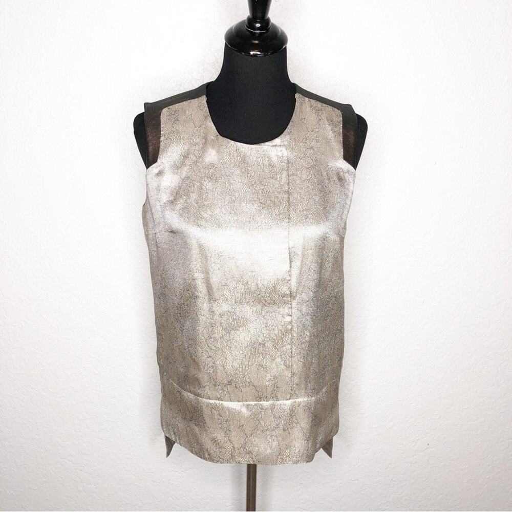 J Brand cream brown metallic lace print leather trim sleeveless top size Medium
